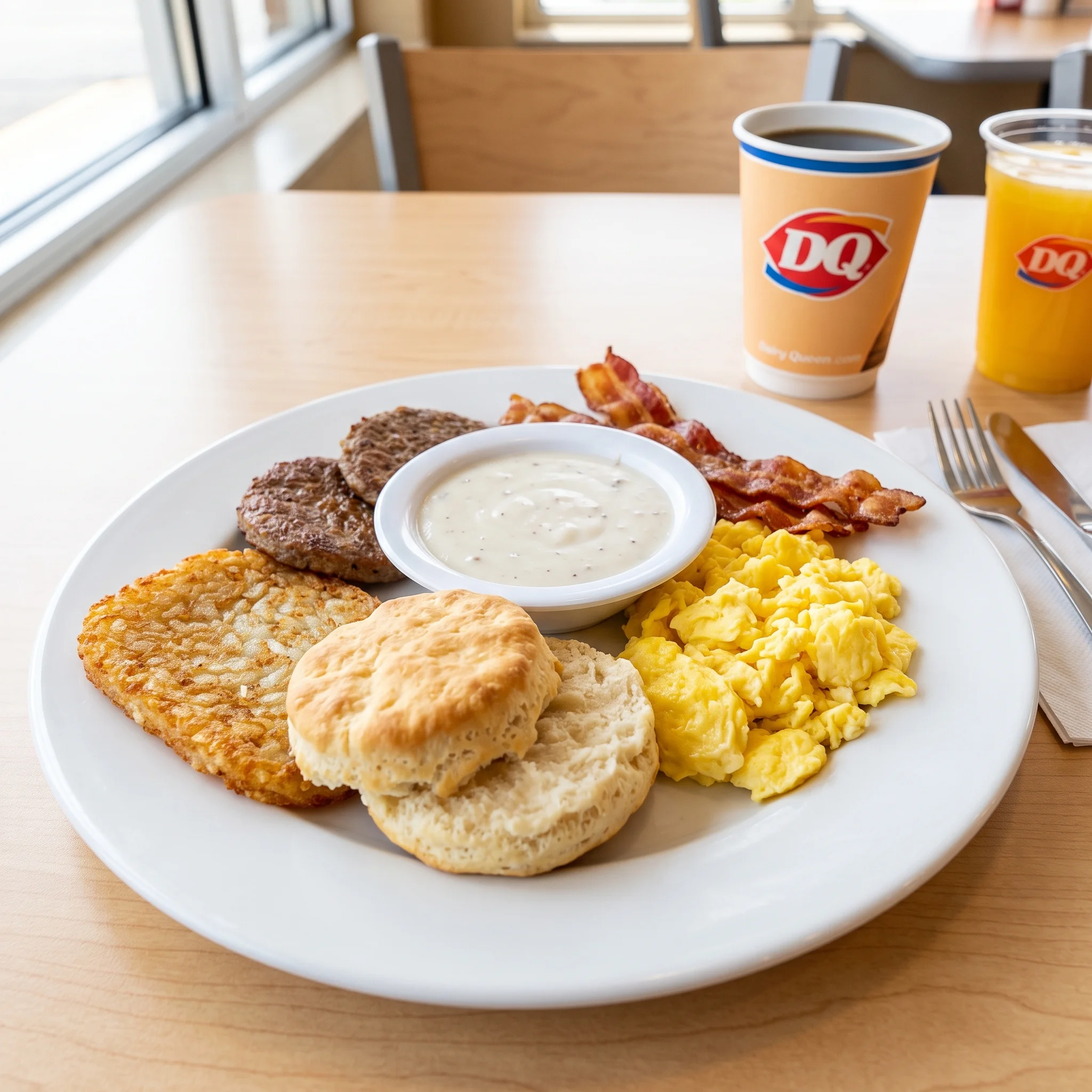 Dairy Queen Country Breakfast Platter with scrambled eggs, hash browns, warm buttermilk biscuit, savory sausage, and country gravy