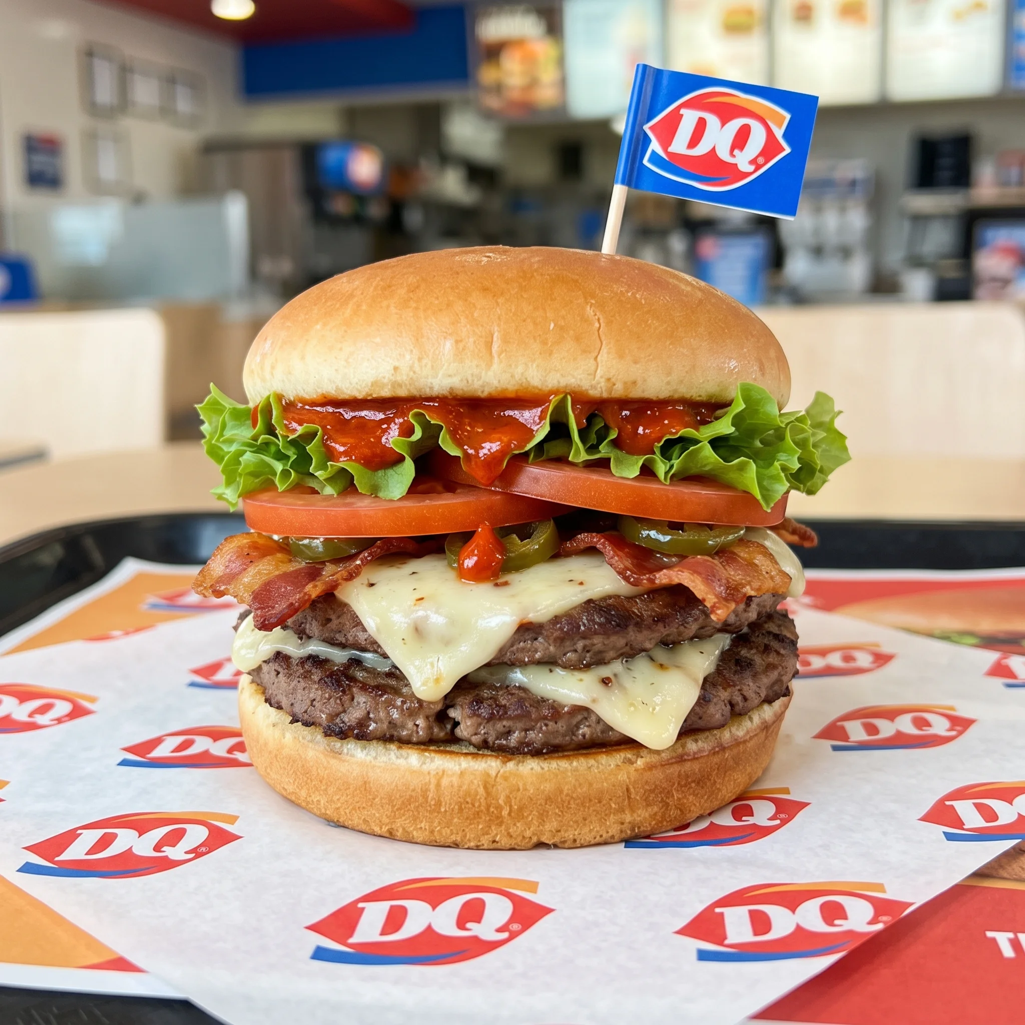 Dairy Queen FlameThrower Signature Stackburger with double beef patties, melted pepper jack cheese, and crispy bacon