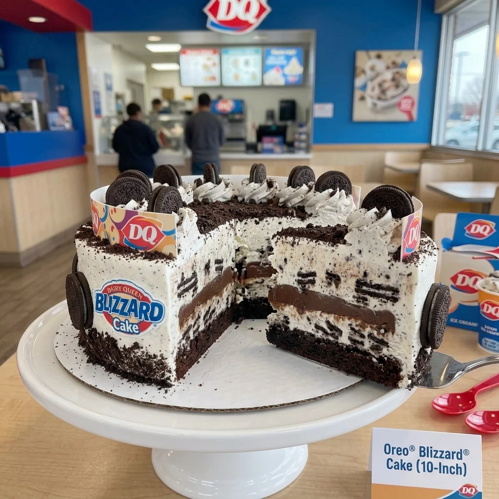 Dairy Queen 10-inch Oreo Blizzard Cake sliced open showing signature cold fudge and chocolate cookie crunch center